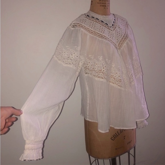 Free people] Cream Crochet lace ribbon Victorian style Oversized Blouse Top - Picture 6 of 14
